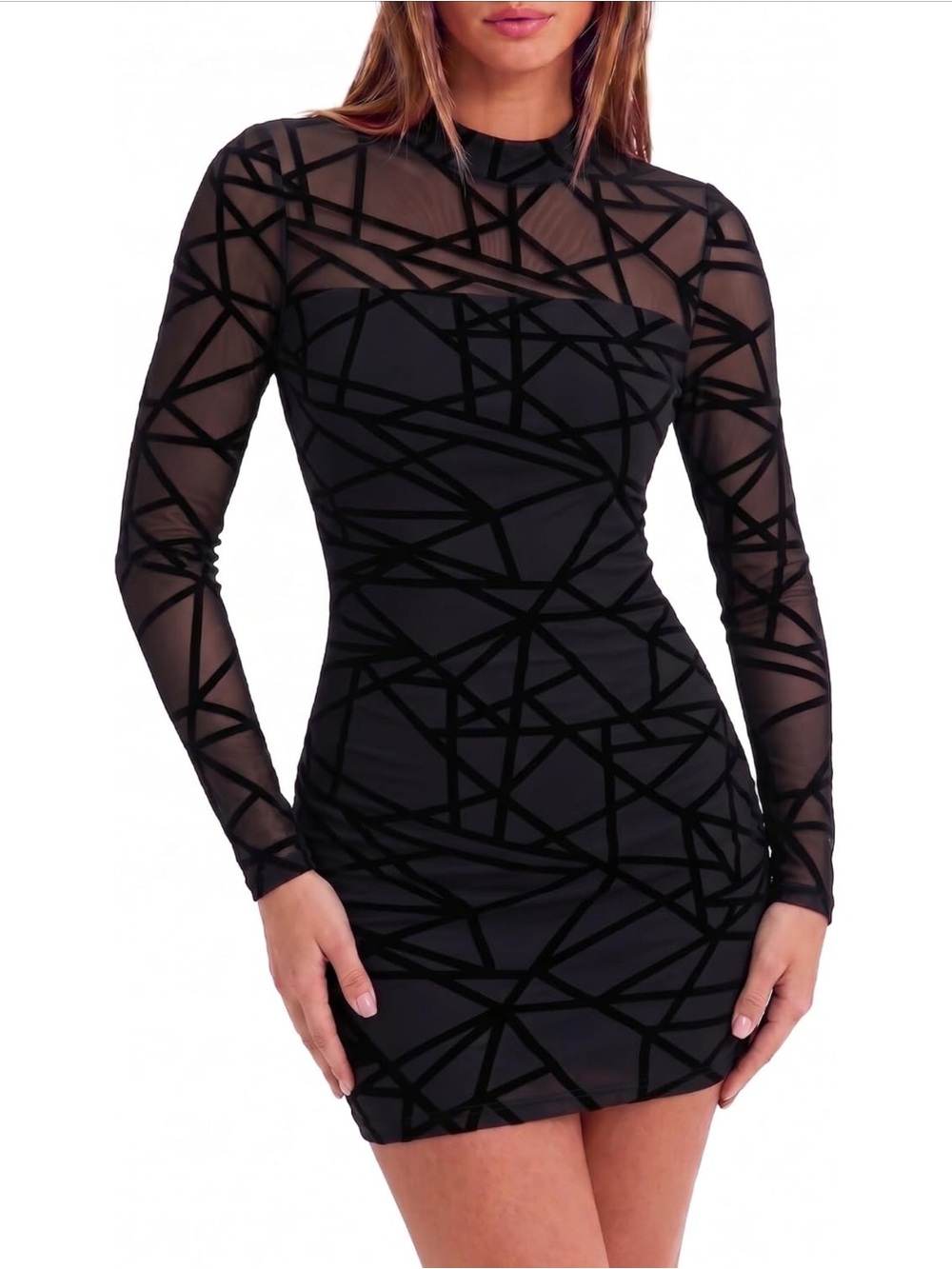 Black Geometric Mesh Long-Sleeve Mini Dress